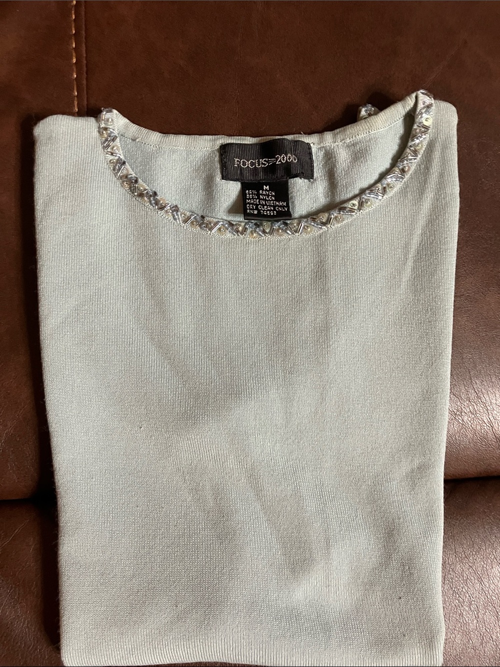 FOCUS 2000 Women's Cream Knit Top with Beaded Neckline